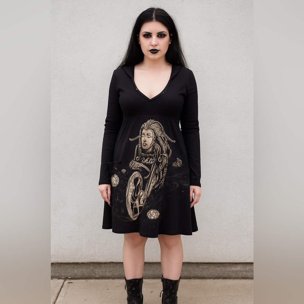 Black Hooded Studded/ Sequin Plunge Biker Punk Long Sleeve Dress- Size Small